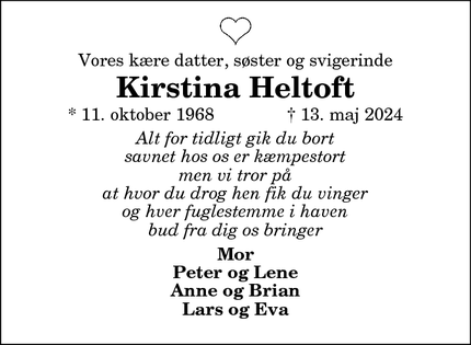 Dødsannoncen for Kirstina Heltoft - Stenum, 9700 Brønderslev