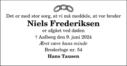 Dødsannoncen for Niels Frederiksen - Aalborg