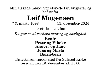 Dødsannoncen for Leif Mogensen - Vestbjerg