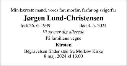 Dødsannoncen for Jørgen Lund-Christensen - Mørkøv Kirkeby