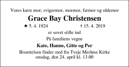 Dødsannoncen for Grace Bay Christensen - død i Strib - bisættelse i Holbæk