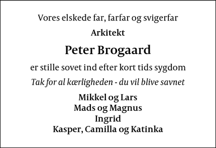 Dødsannoncen for  Peter Brogaard - Lyngby