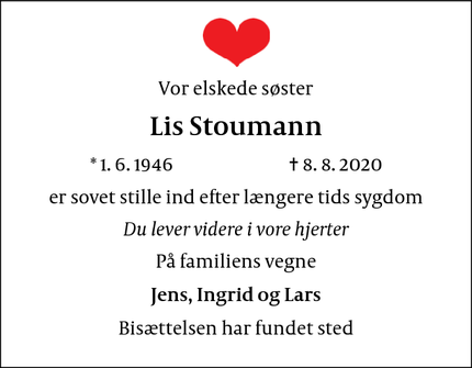 Dødsannoncen for Lis Stoumann - København