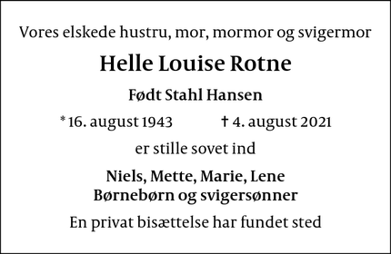 Dødsannoncen for Helle Louise Rotne - Gentofte