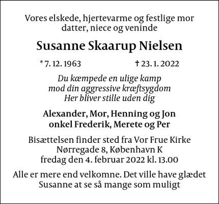 Dødsannoncen for Susanne Skaarup Nielsen - Frederiksberg