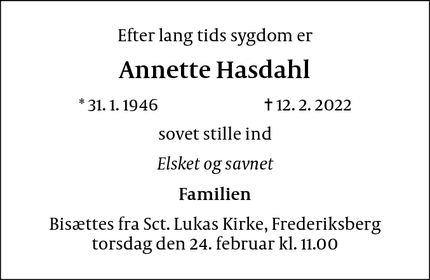 Dødsannoncen for Annette Hasdahl - Frederiksberg