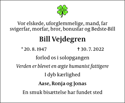 Dødsannoncen for Bill Vejdegren - Frederiksberg - København 