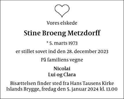 Dødsannoncen for Stine Broeng Metzdorff - København 