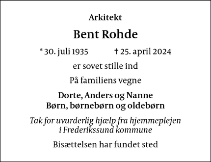 Dødsannoncen for Bent Rohde - Frederikssund