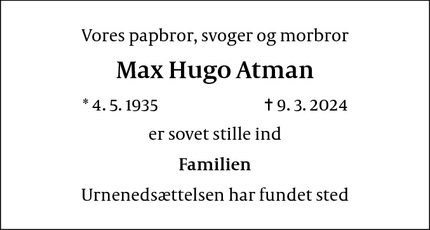 Dødsannoncen for Max Hugo Atman - Valby