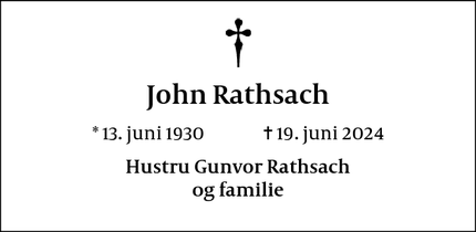 Dødsannoncen for John Rathsach - Birkerød