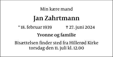 Dødsannoncen for Jan Zahrtmann - Hillerød