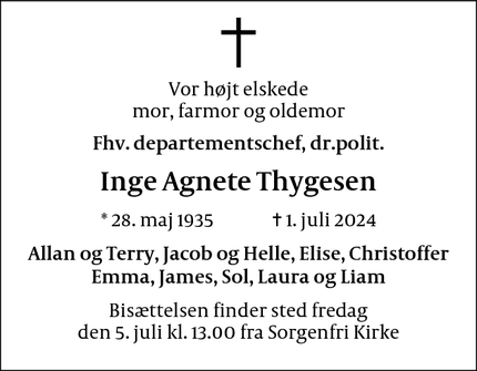 Dødsannoncen for Inge Agnete Thygesen - Kgs Lyngby