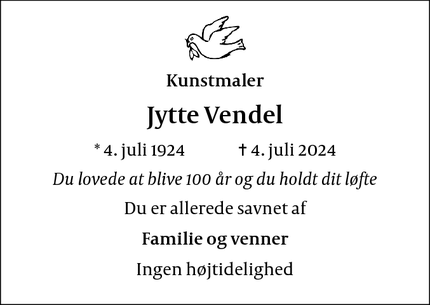 Dødsannoncen for Jytte Vendel - København