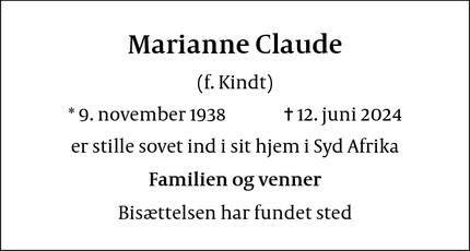 Dødsannoncen for Marianne Claude - Hvalsø