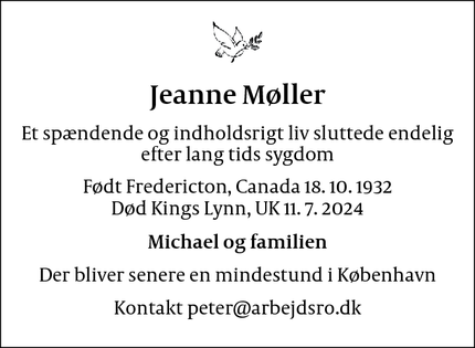 Dødsannoncen for Jeanne Møller - Roskilde