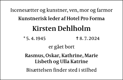 Dødsannoncen for Kirsten Dehlholm - København NV