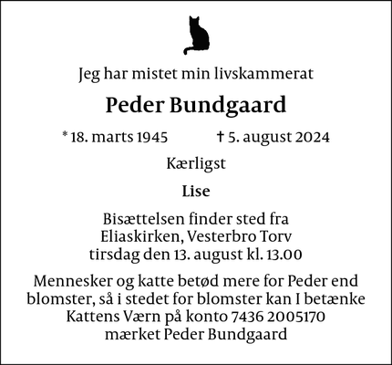 Dødsannoncen for Peder Bundgaard - København V Danemark