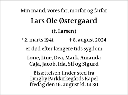 Dødsannoncen for Lars Ole Østergaard - Kgs. Lyngby