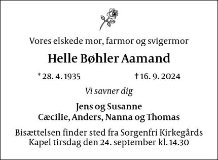 Dødsannoncen for Helle Bøhler Aamand - Virum