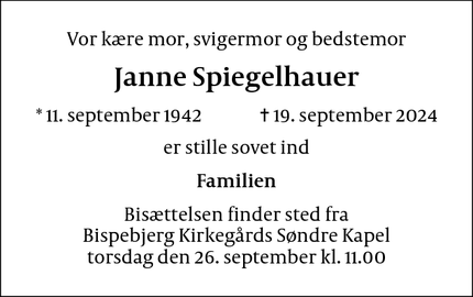 Dødsannoncen for Janne Spiegelhauer - Klampenborg