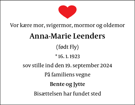 Dødsannoncen for Anna-Marie Leenders - København Valby