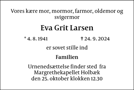 Dødsannoncen for Eva Grit Larsen - Odense c