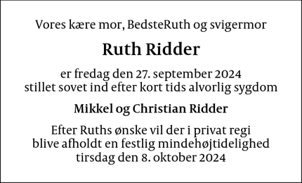 Dødsannoncen for Ruth Ridder - København