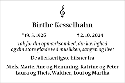 Dødsannoncen for Birthe Kesselhahn - København