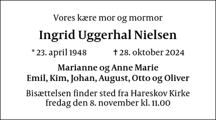 Dødsannoncen for Ingrid Uggerhal Nielsen - Hareskov