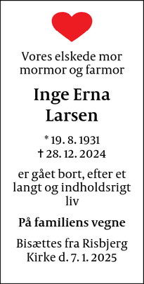 Dødsannoncen for Inge Erna Larsen - Hvidovre