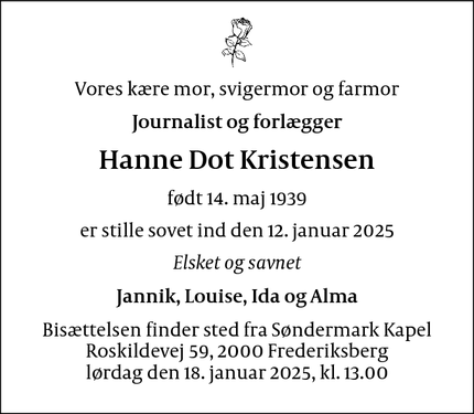 Dødsannoncen for Hanne Dot Kristensen - Frederiksberg