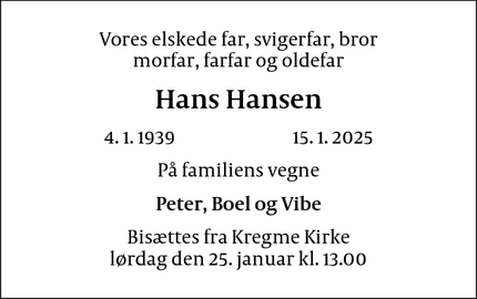 Dødsannoncen for Hans Hansen - skanderborg