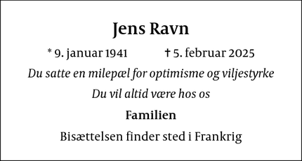 Dødsannoncen for Jens Ravn - Entraygues-sur-Truyere