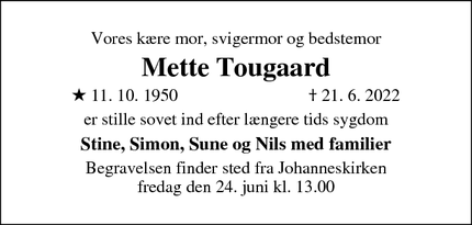 Dødsannoncen for Mette Tougaard - Randers