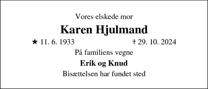 Dødsannoncen for Karen Hjulmand - Rødovre