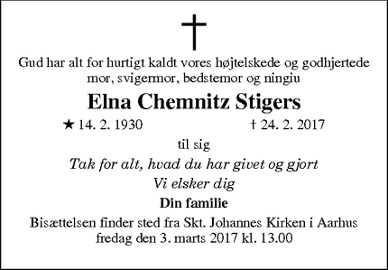 Dødsannoncen for Elna Chemnitz Stigers - Hornslet