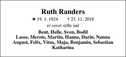 Dødsannoncen for Ruth Randers - Aarhus