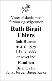 Dødsannoncen for Ruth Birgit
Ehlers - Roskilde