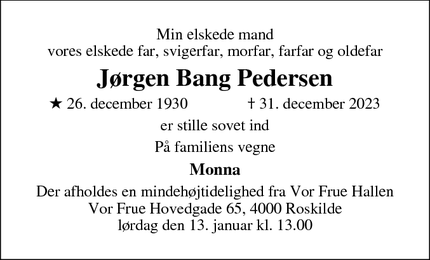 Dødsannoncen for Jørgen Bang Pedersen - Tranekær