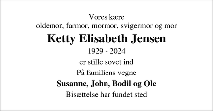 Dødsannoncen for Ketty Elisabeth Jensen - Roskilde