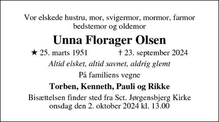 Dødsannoncen for Unna Florager Olsen - Roskilde