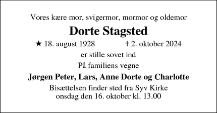 Dødsannoncen for Dorte Stagsted - Viby Sjælland