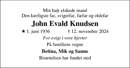 Dødsannoncen for John Evald Knudsen - Roskilde