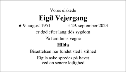 Dødsannoncen for Eigil Vejergang - Birkerød