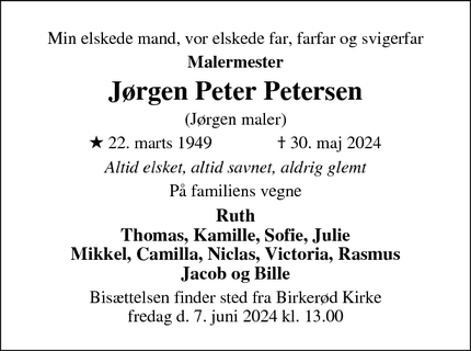 Dødsannoncen for Jørgen Peter Petersen - Birkerød