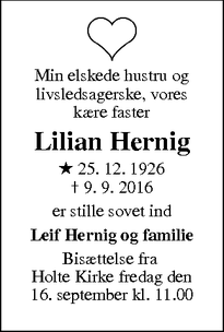 Dødsannoncen for Lilian Hernig - Holte