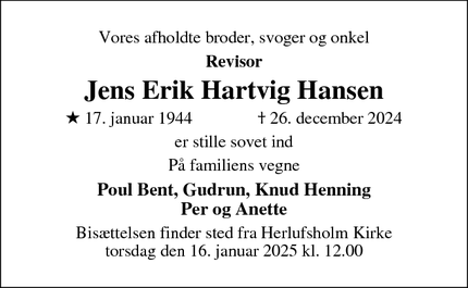 Dødsannoncen for Jens Erik Hartvig Hansen - Glamsbjerg