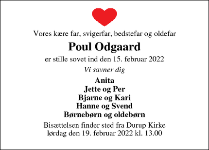 Dødsannoncen for Poul Odgaard - Durup