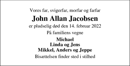 Dødsannoncen for John Allan Jacobsen - Skive